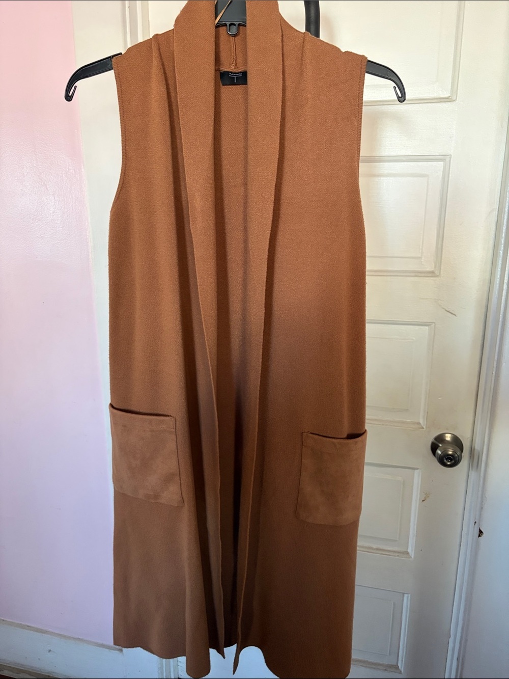 Tahari Rust Brown Sleeveless Long Open Cardigan Vest